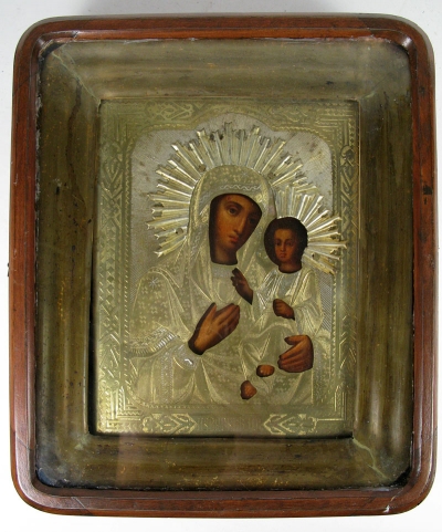 Russian Icon - Our Lady of Iveron in brass oklad and kiot