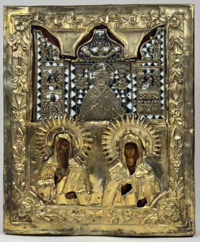 Russian Staurotheke Icon - St. Nicholas, St. Alexius of Moscow &amp; St. Martyr Anne in brass revetment cover