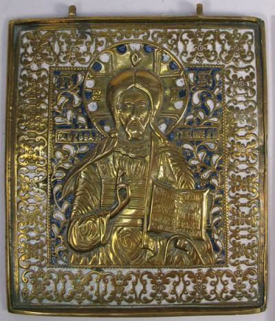 Large Russian brass plaquette depicting Christ Pantocrator