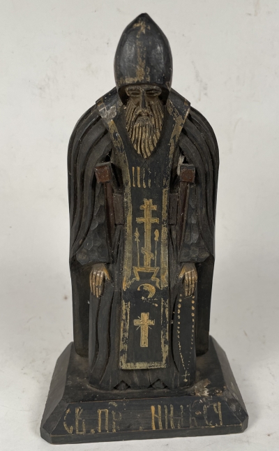 Large Russian pilgrim carved wood icon figure of hermit monk St. Nilus of Stolbensk