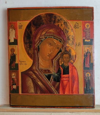Russian icon - Our Lady of Kazan with 6 border saints