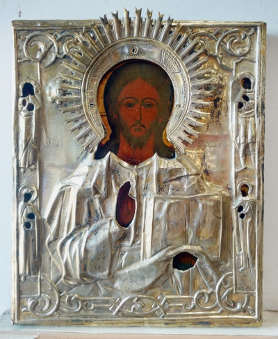 Russian Icon - Christ Pantocrator in brass oklad cover