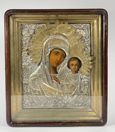 Russian Icon - Our Lady of Smolensk in brass oklad and kiot shadowbox frame