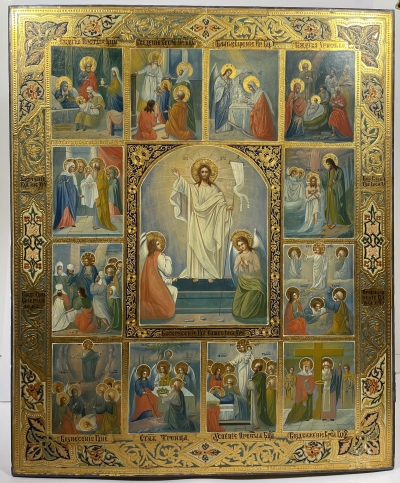 Fine Russian Icon - The Resurrection of Christ and Major Orthodox Feasts