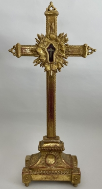 Large gilt wood reliquary with relics of the True Cross of Jesus Christ