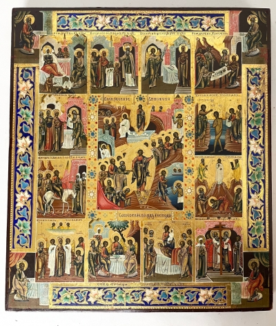 Russian Icon - The Resurrection &amp; Orthodox Feasts with Evangelists