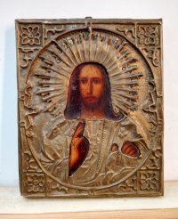 Russian Icon - Christ Pantocrator in brass oklad