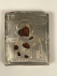 Small Russian Icon - Our Lady of Vladimir in silver cover