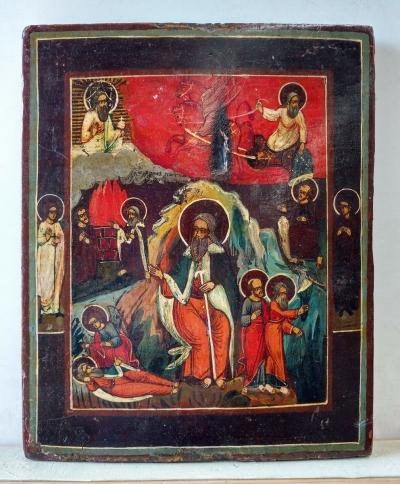 Russian Icon - St Prophet Elijah with Scenes of His Life and Fiery Ascent