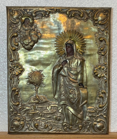 Russian Icon - St. Martyr Paraskevi of Iconium in brass revetment cover