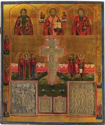 Large Russian Staurotheke Icon with Brass Cross and Icons