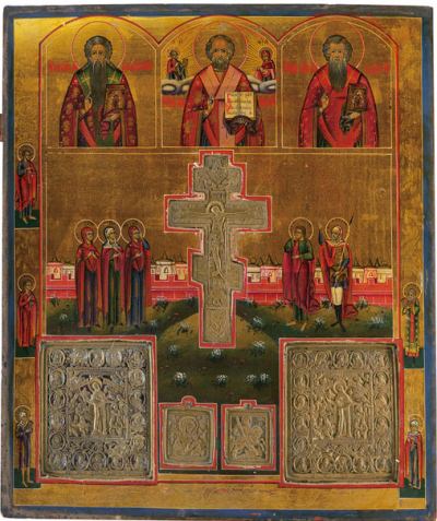 Large Russian Staurotheke Icon with Brass Cross and Icons