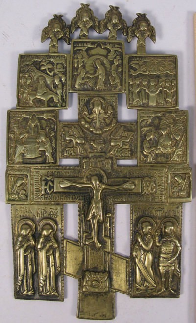 Russian Orthodox brass Crucifix cross with mourners, 4 Serphim, and selected Feasts