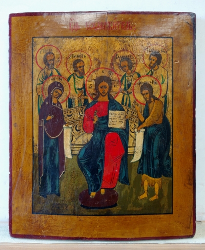 Russian Icon - Christ Enthroned with the Virgin Mary, St. John the Baptist and Apostles