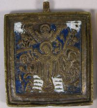 Small Russian brass plaquette depicting Joy to All Who Sorrow Mother of God