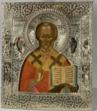 Spectacular Russian Icon - St. Nicholas the Wonderworker of Myra in silver revetment cover