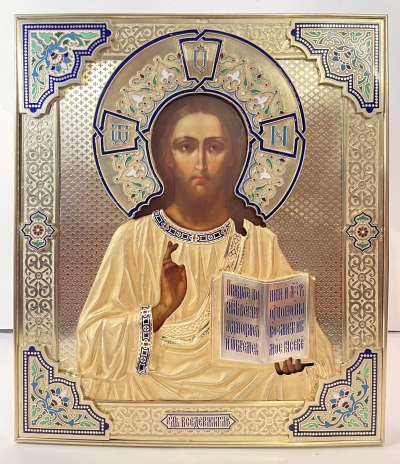Fine Russian Icon - Christ Pantocrator in silver and enamel oklad revetment cover