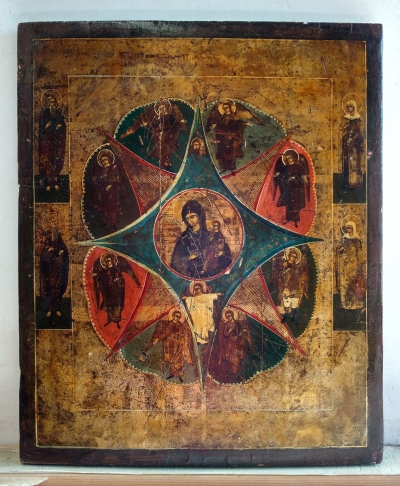 Russian Icon - Our Lady of the Unburnt Thornbush with 4 border saints