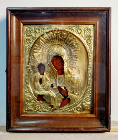 Russian Icon - The Three-Handed Mother of God in brass oklad