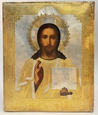 Russian Icon - Christ Pantocrator in gilt silver revetment cover