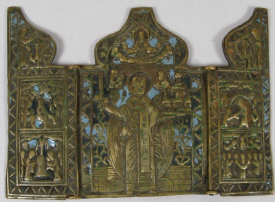 Medium Russian brass 3-Panel folding skladen depicting Saint Nicholas of Mozhaisk