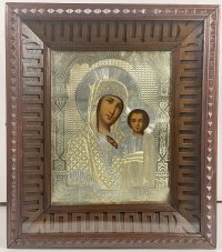 Fine Russian icon - Our Lady of Kazan in silver oklad &amp; kiot shadowbox frame