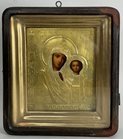 Russian icon - Our Lady of Kazan in brass cover and kiot shadow frame