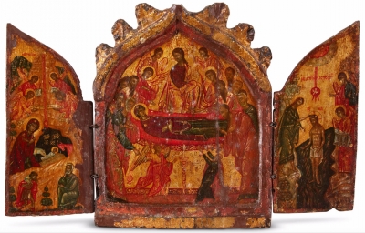 17th century Greek Cyprus Triptych Icon - Dormition of Theotokos, Nativity &amp; Baptism of Christ, St Cosmas &amp; Damian