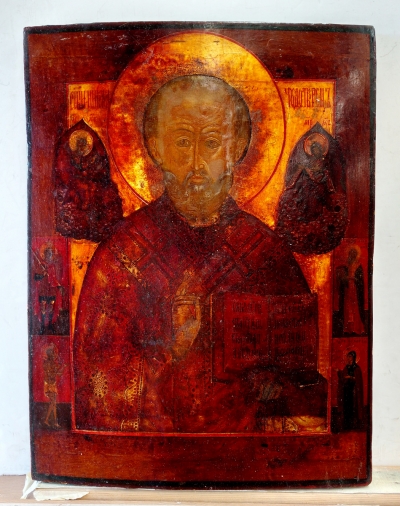 Russian icon - St. Nicholas the Wonderworker of Myra with 4 border saints