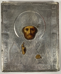 ca. 1880 Russian Icon - St. Nicholas of Myra in silver revetment cover
