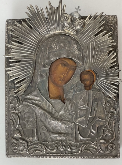 1840 Russian Icon - Our Lady of Kazan in silver revetment cover