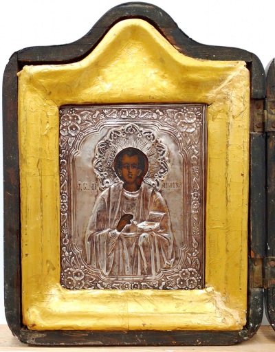 Russian Icon - Saint Unmercenary Healer Panteleimon (Pantaleon) in silver oklad and kiot shadow frame