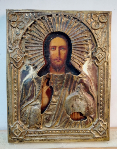 Russian Icon - Christ Pantocrator in brass oklad