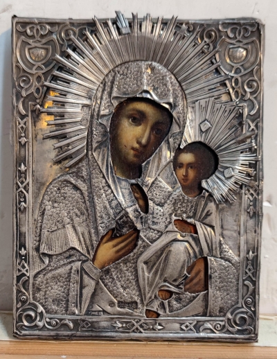 Russian Icon - Our Lady of Iveron in silver revetment cover