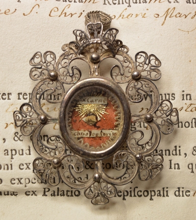 Documented theca with a relic of Saint Christopher, Patron of Travelers