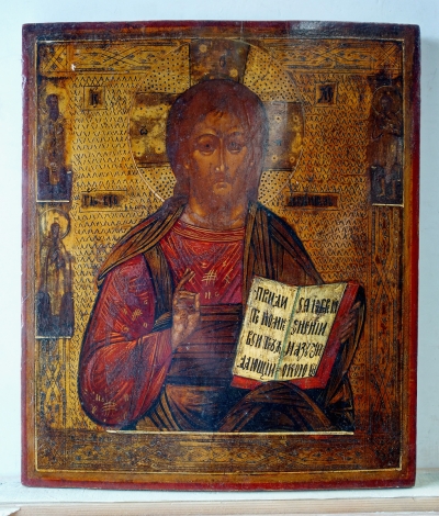 Russian Icon - Christ Pantocrator with 3 Border Saints