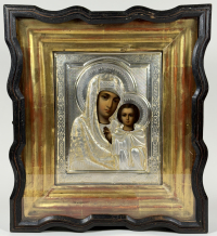Russian Icon - Our Lady of Kazan in silver cover &amp; glass-fronted kiot frame