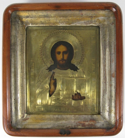 Russian Icon - Christ Pantocrator in brass oklad and kiot shadow frame