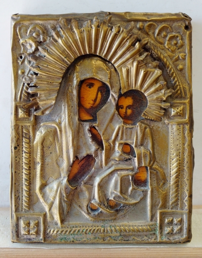 Russian Icon - Our Lady of Smolensk in brass oklad