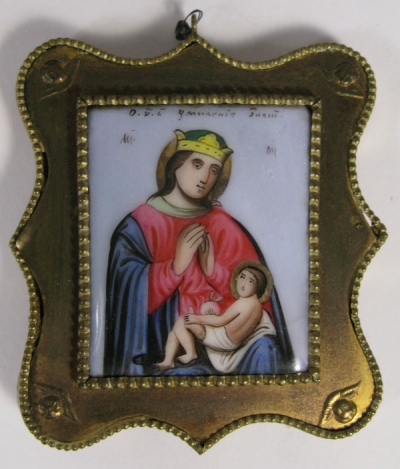 Russian Religious Finift Porcelain Placquette of the Virgin Mary &amp; Child