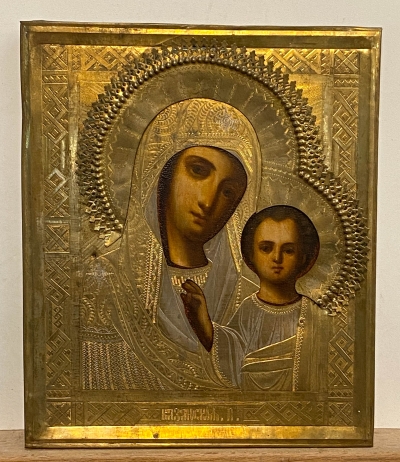 Russian icon - Our Lady of Kazan in brass revetment cover