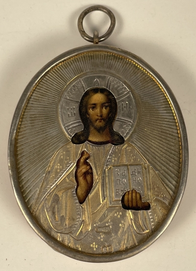 Small Russian Pendant Icon - Christ Pantocrator in silver cover