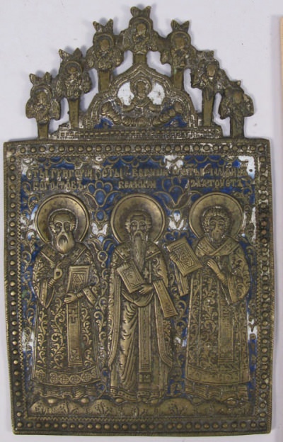 Large Russian brass plaquette depicting Three Hierarchs of the Orthodox Church