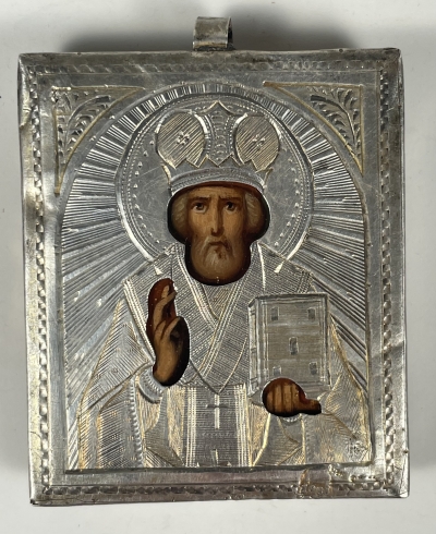 Small Russian Icon - St. Nicholas the Miracleworker in silver cover