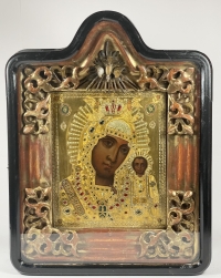 Russian Icon - Our Lady of Kazan in glass-fronted shadowbox kiot frame