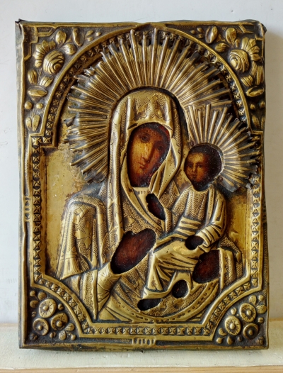 Russian Icon - Our Lady of Tikhvin in brass oklad cover