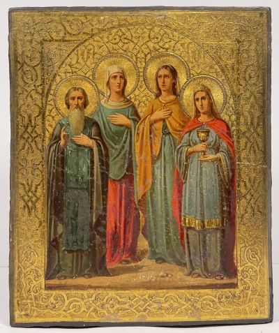 Russian Icon - 4 Selected Saints: St. Ven. Sabbatius of Tver, St. Pelagia, St. Charitina of Amisus, St. Barbara the Greatmartyr