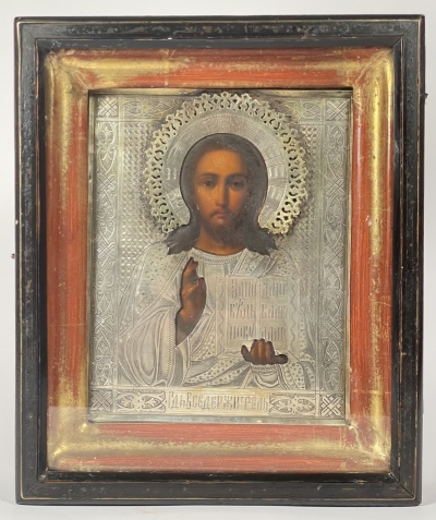 Russian Icon - Christ Pantocrator in silver oklad cover &amp; kiot frame