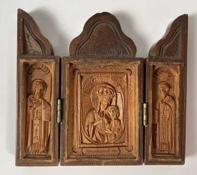 Small carved wood travel triptych icon: Our Lady of Chernihiv, St. Sergius of Radonezh &amp; St. Nilus of Stolbensk