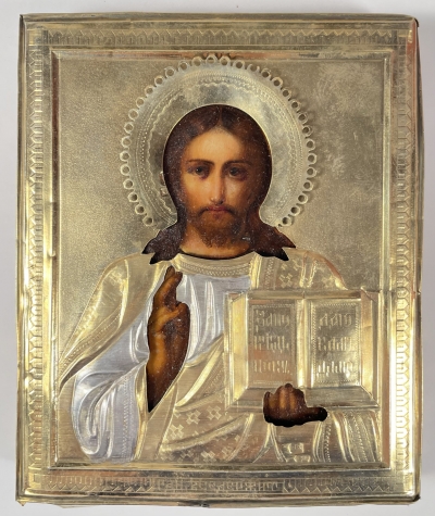 Small Russian Icon - Christ Pantocrator in gilt silver revetment cover